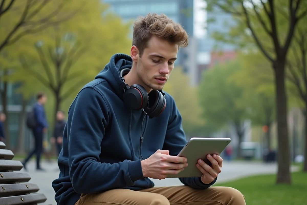 Jeune homme assis sur un banc dans un parc urbain avec une tablette