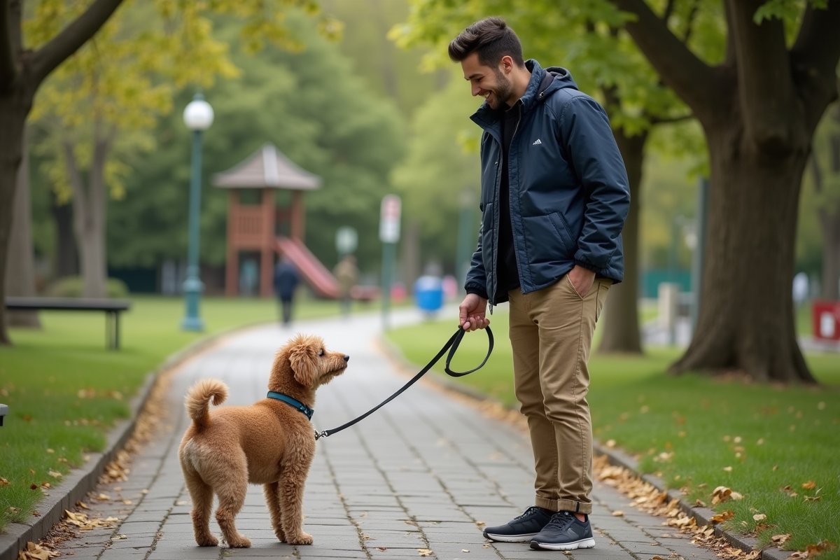 Jeune homme saluant un petit chien dans un parc verdoyant