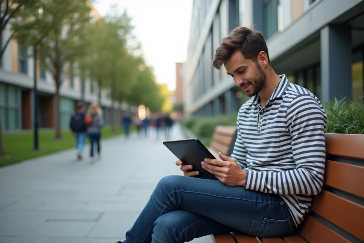 Jeune homme avec tablette sur un banc universitaire