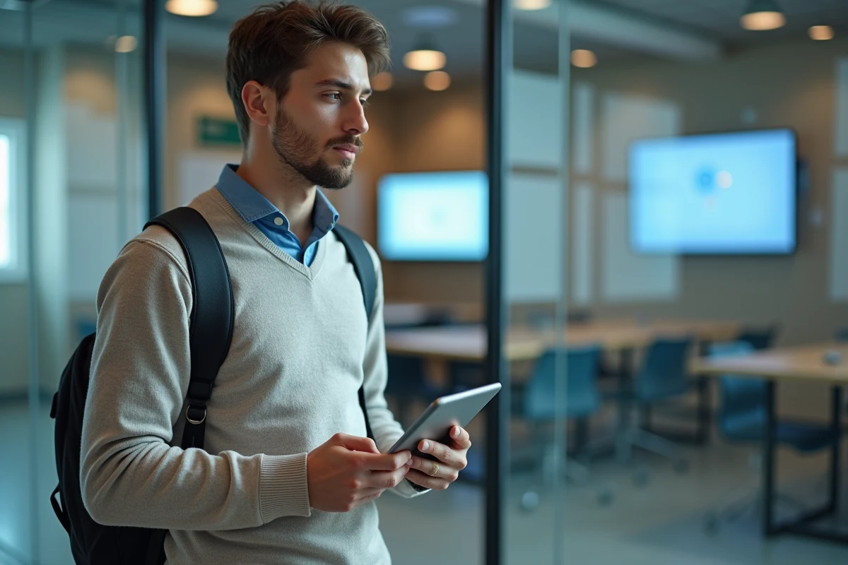Jeune homme en casual avec tablette dans espace universitaire