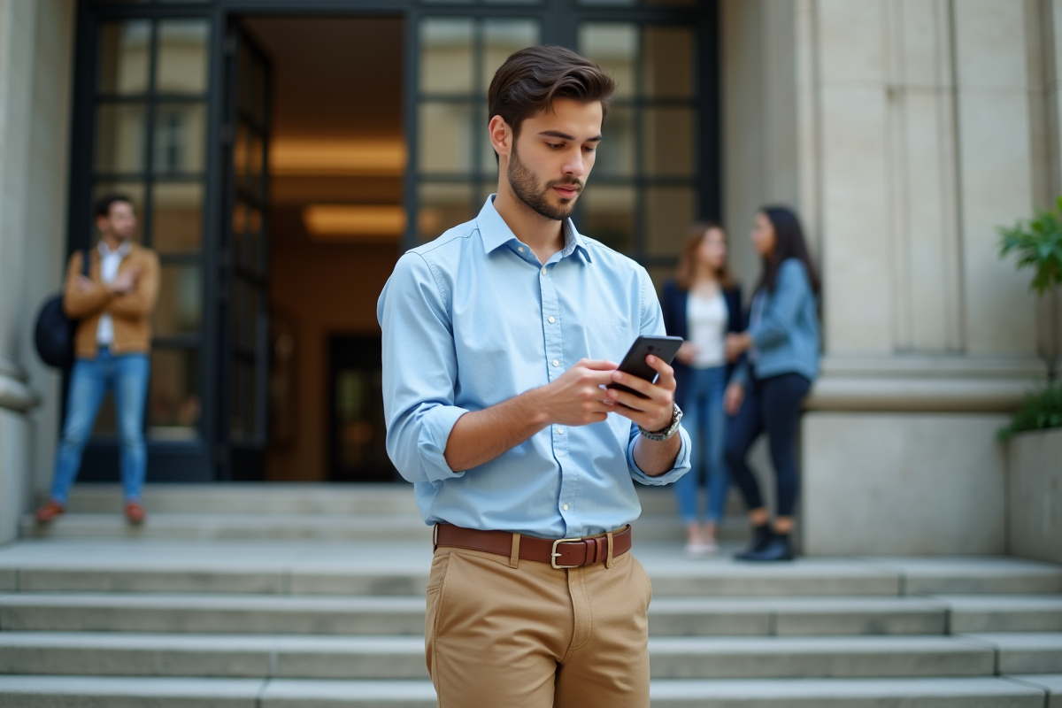 Jeune homme dehors devant un immeuble d