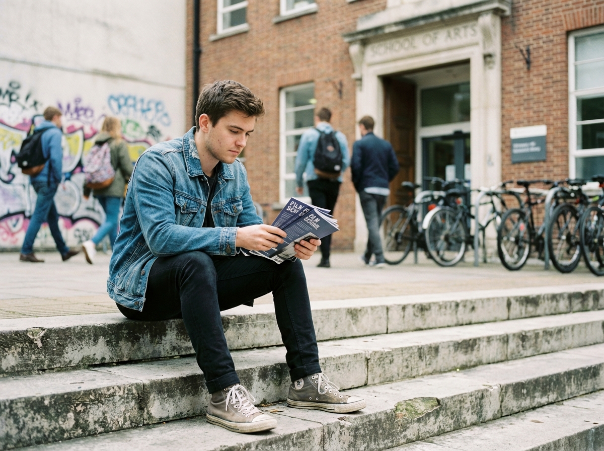 Jeune homme pensif en ville avec brochures de film