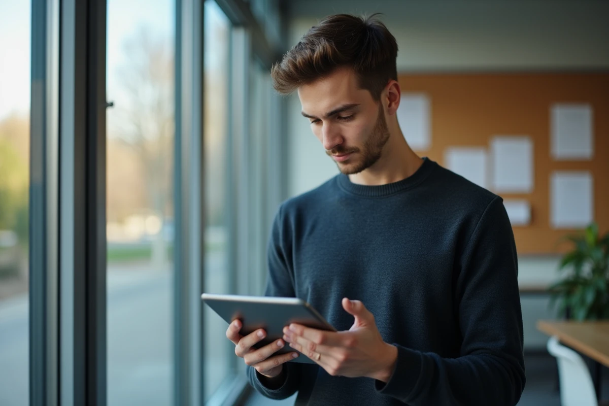Jeune homme utilisant une tablette dans un cadre scolaire