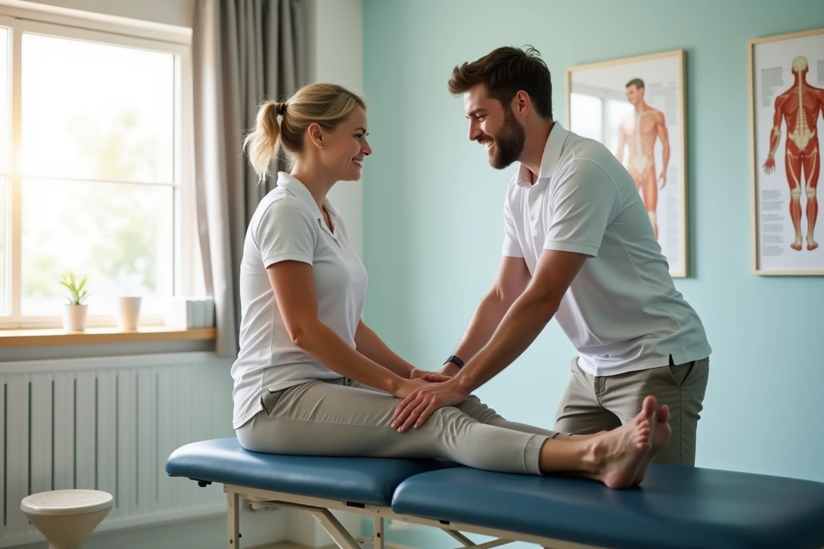 Jeune kinésithérapeute guidant un patient en étirement