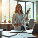 Jeune chercheur avec diplôme dans un bureau moderne