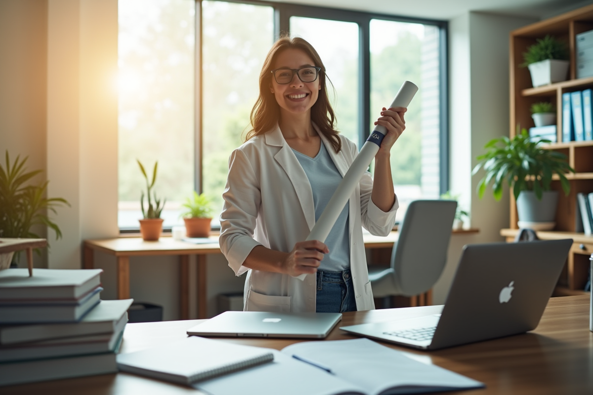 Jeune chercheur avec diplôme dans un bureau moderne