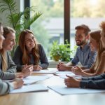 Groupe d'internes divers discutant au bureau lumineux