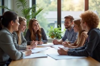 Groupe d'internes divers discutant au bureau lumineux