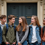 Jeunes lycéens français devant une école parisienne