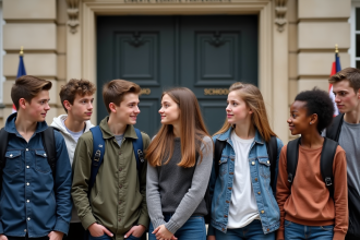 Jeunes lycéens français devant une école parisienne