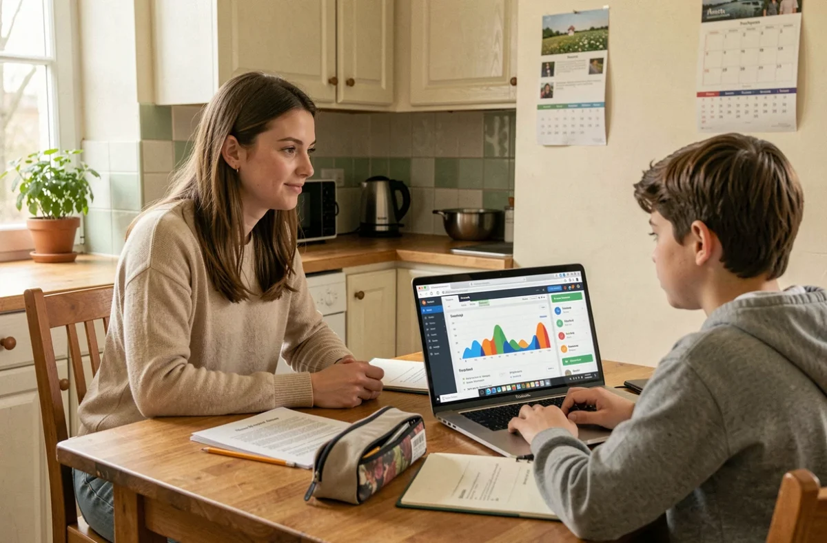Tutrice Keepschool en séance de soutien scolaire à domicile avec un élève consultant un tableau de suivi en ligne sur ordinateur portable