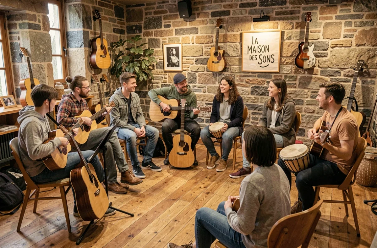 Des étudiants en cercle lors d'un atelier musical à La Maison des Sons