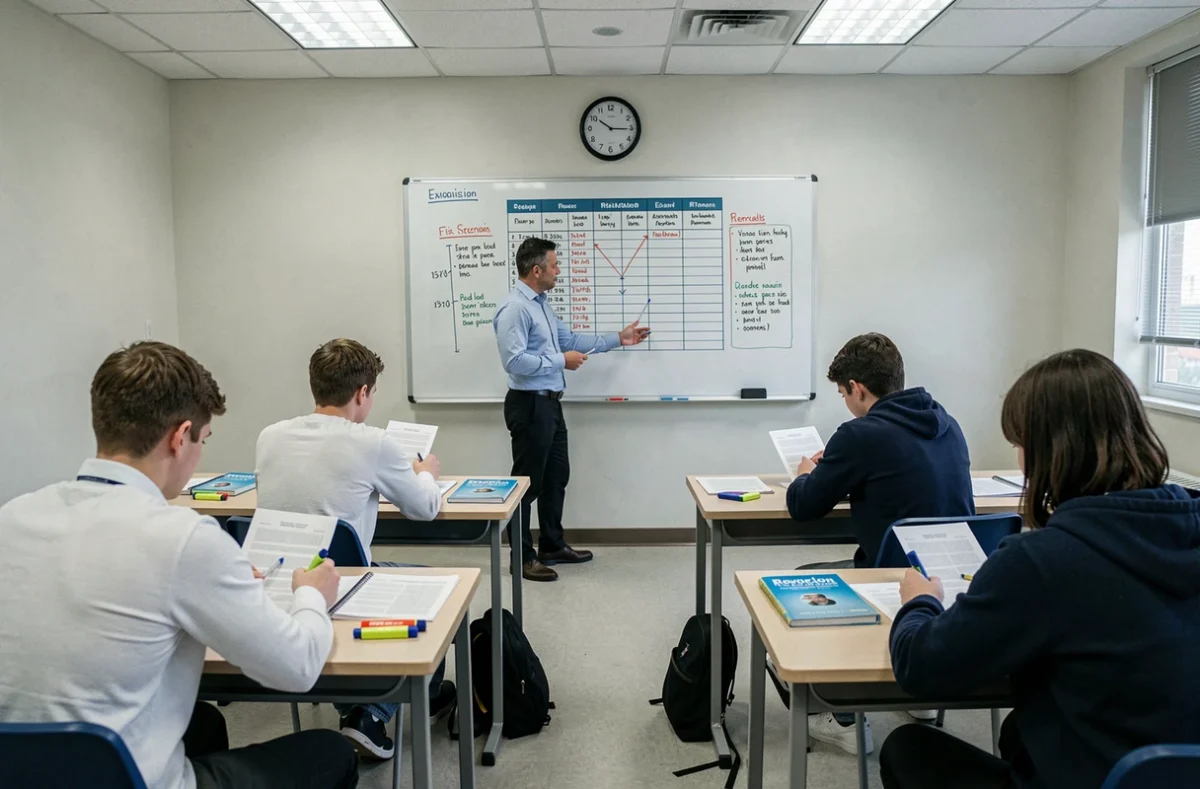 Tuteur Lauréat animant une séance de préparation aux examens pour lycéens avec planning de révision au tableau et sujets d'annales