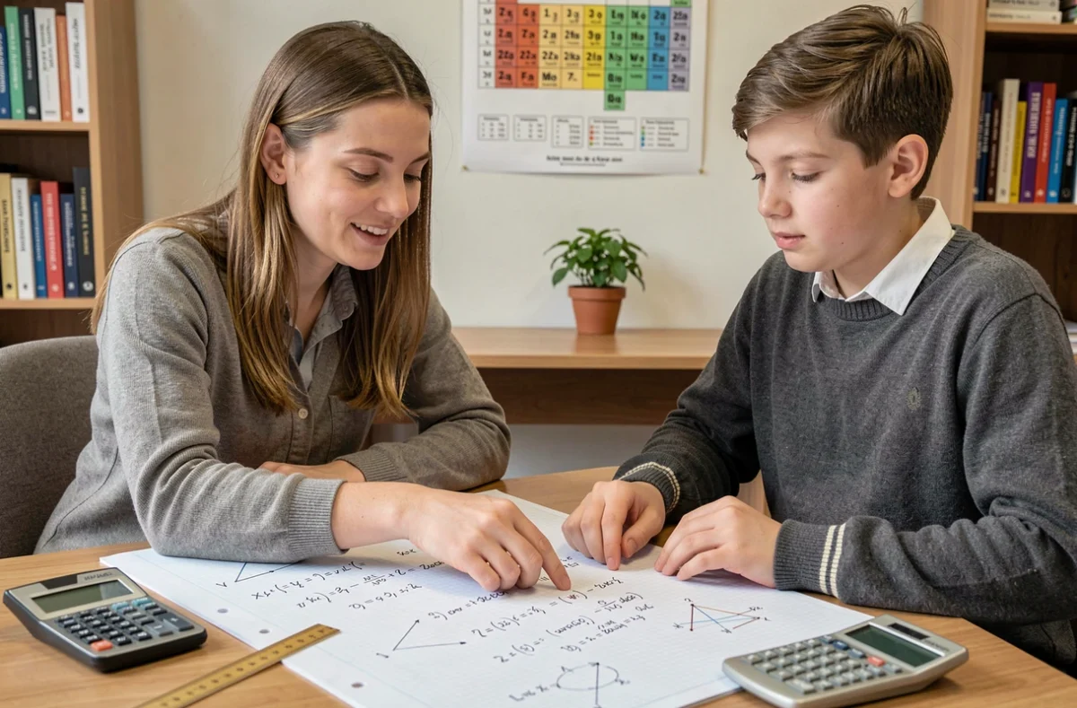 Une tutrice Lauréat donnant un cours particulier en mathématiques et sciences à un lycéen du Val-de-Marne