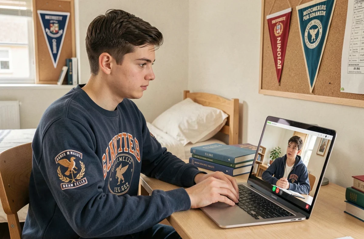 Étudiant mentor des Sherpas en visioconférence avec un lycéen depuis son bureau d'étudiant de grande école