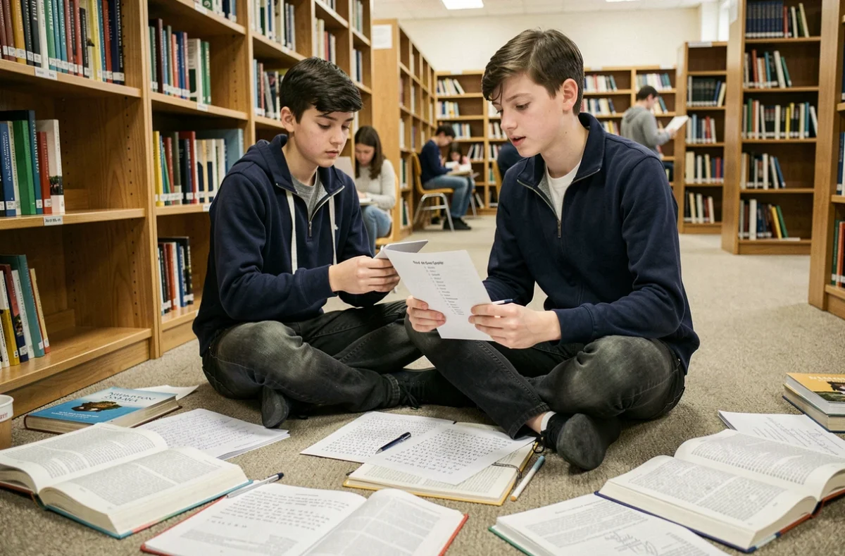 Lycéen révisant des verbes irréguliers du 3ème groupe entouré de livres de grammaire dans une bibliothèque scolaire