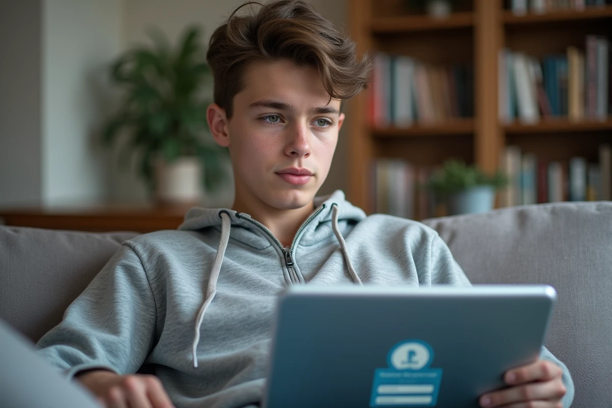 Jeune lycéen activant ses identifiants de l'ENT Auvergne sur une tablette depuis son domicile