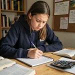 Lycéenne calculant sa moyenne avec coefficients au brevet ou bac sur un cahier avec calculatrice