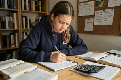 Lycéenne calculant sa moyenne avec coefficients au brevet ou bac sur un cahier avec calculatrice