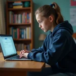 Lycéenne connectée à son ENT scolaire sur un ordinateur portable dans sa chambre