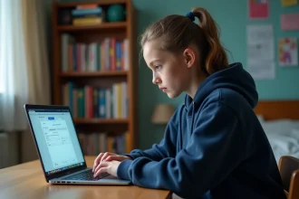 Lycéenne connectée à son ENT scolaire sur un ordinateur portable dans sa chambre
