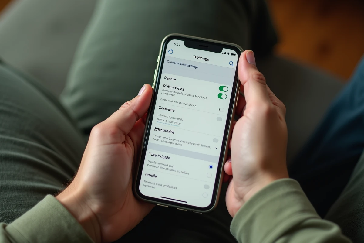 Mains d'un parent tenant un smartphone affichant les paramètres de confidentialité et de données d'un profil enfant