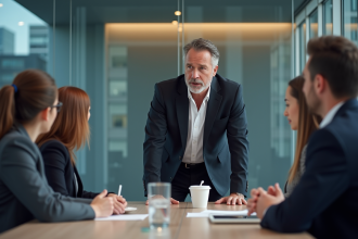 Manager en réunion avec équipe dans un bureau moderne