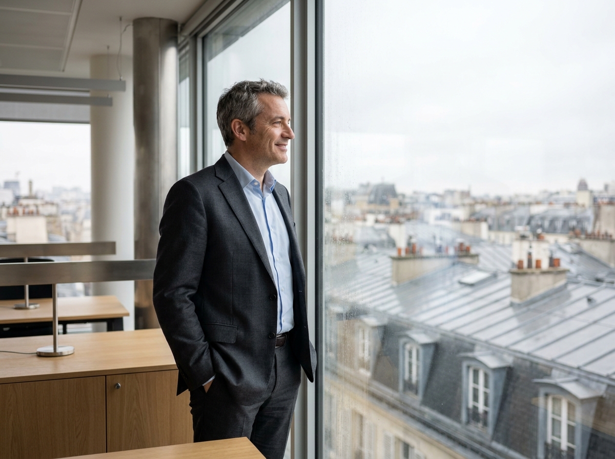 Manager parisien regardant par la fenêtre de son bureau
