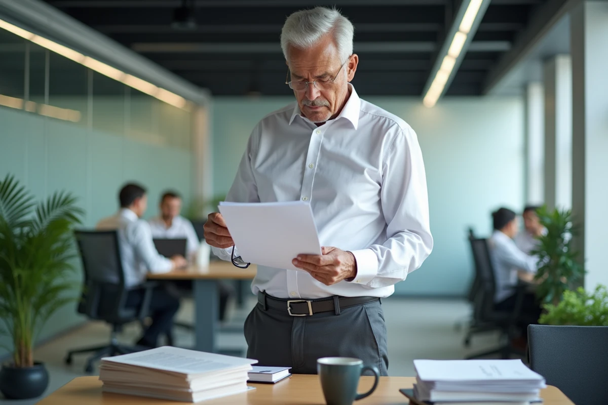 Manager en entreprise relisant une lettre de recommandation professionnelle debout à son bureau