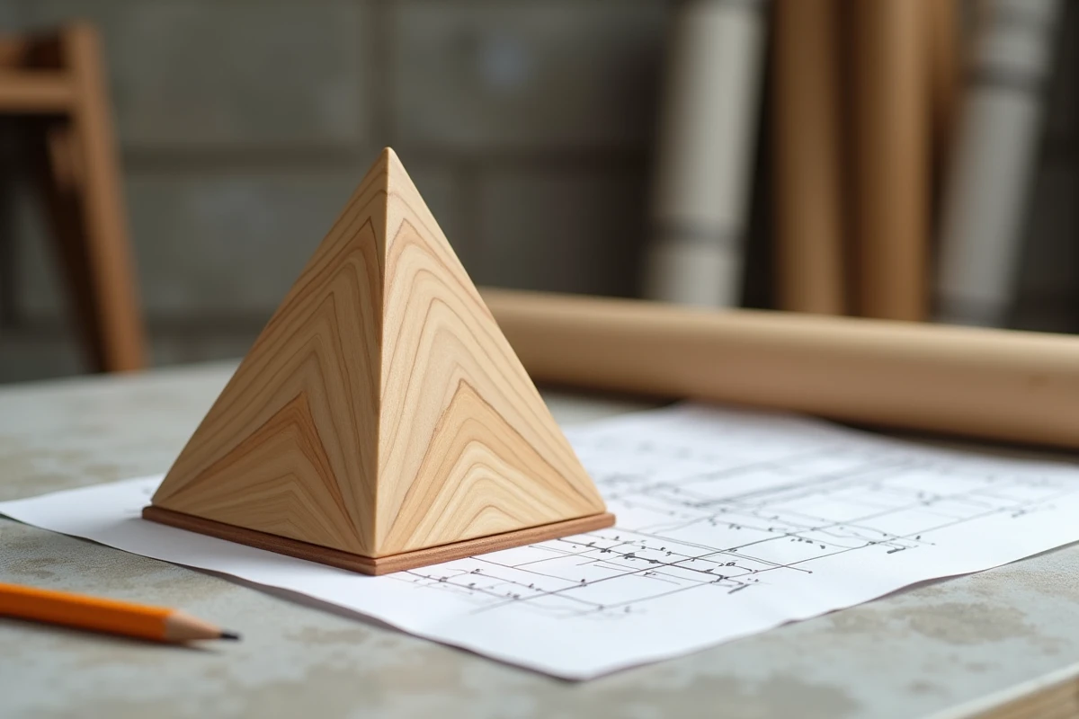 Maquette en bois d'une pyramide à base triangulaire posée sur une table d'architecte avec une fiche de géométrie imprimée