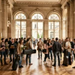 Des jeunes musiciens dans le hall d'entrée d'une grande école de musique en Île-de-France