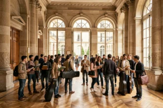 Des jeunes musiciens dans le hall d'entrée d'une grande école de musique en Île-de-France