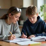 Mère aidant son adolescent à réviser ses cours pour un examen à la table de cuisine