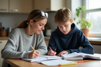 Mère aidant son adolescent à réviser ses cours pour un examen à la table de cuisine
