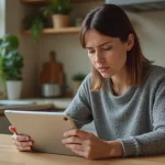Mère de famille consultant les paramètres de confidentialité d'une application sur une tablette dans sa cuisine