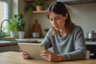 Mère de famille consultant les paramètres de confidentialité d'une application sur une tablette dans sa cuisine