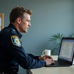 Officier de police en uniforme suivant une formation en ligne sur ordinateur portable dans un bureau de commissariat