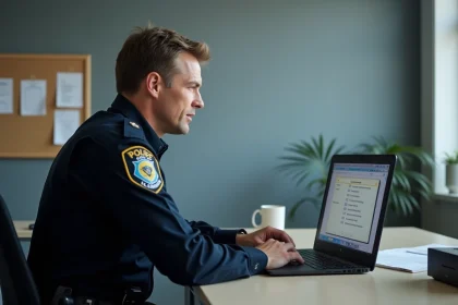 Officier de police en uniforme suivant une formation en ligne sur ordinateur portable dans un bureau de commissariat