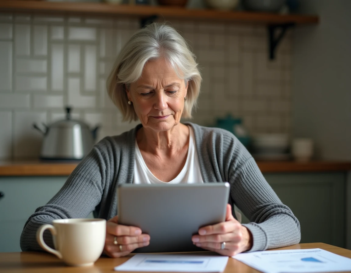 Mère de famille consultant le portail ENT académique depuis une tablette dans la cuisine