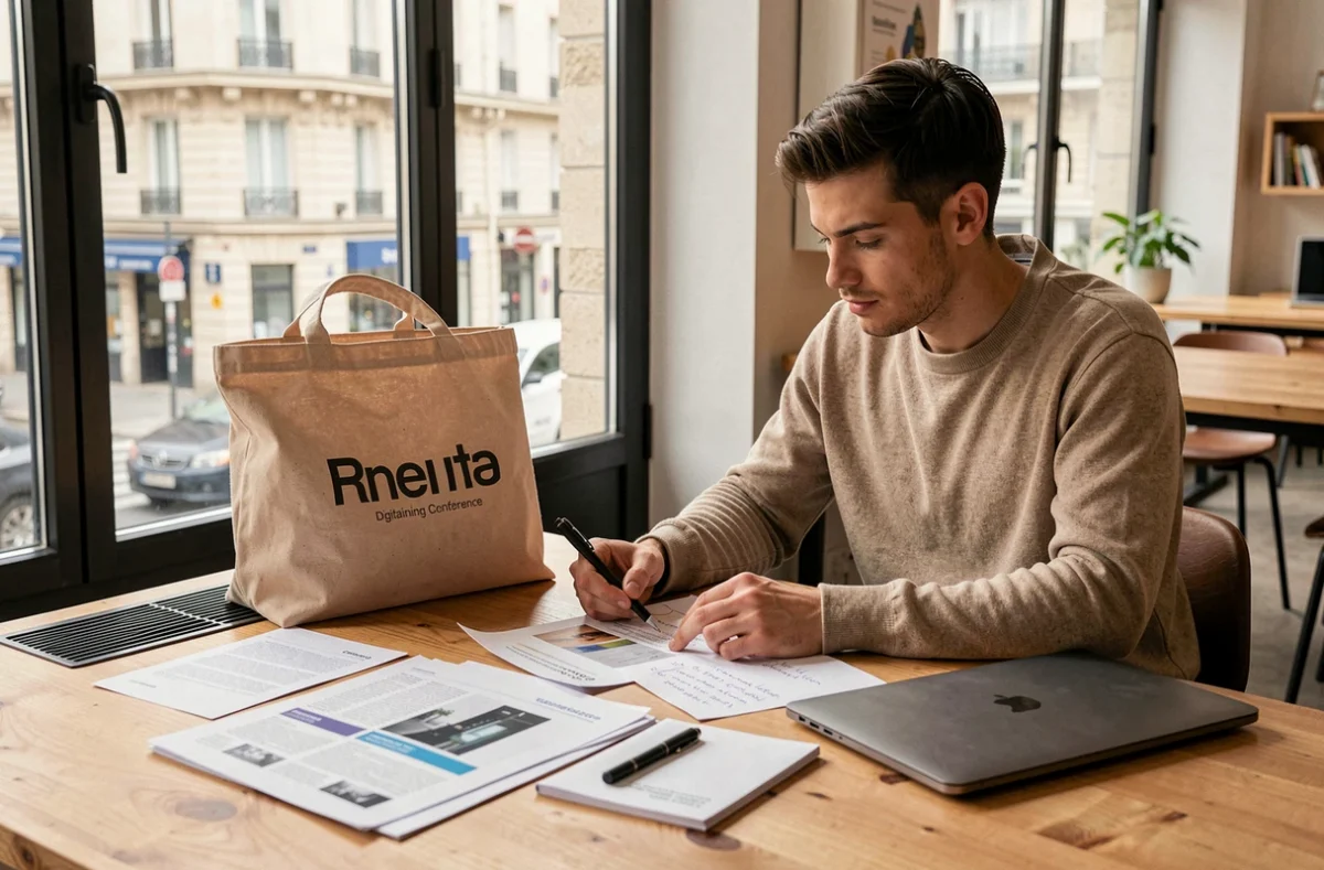 Participant consultant ses notes de formation digitale après une conférence dans un espace de coworking parisien