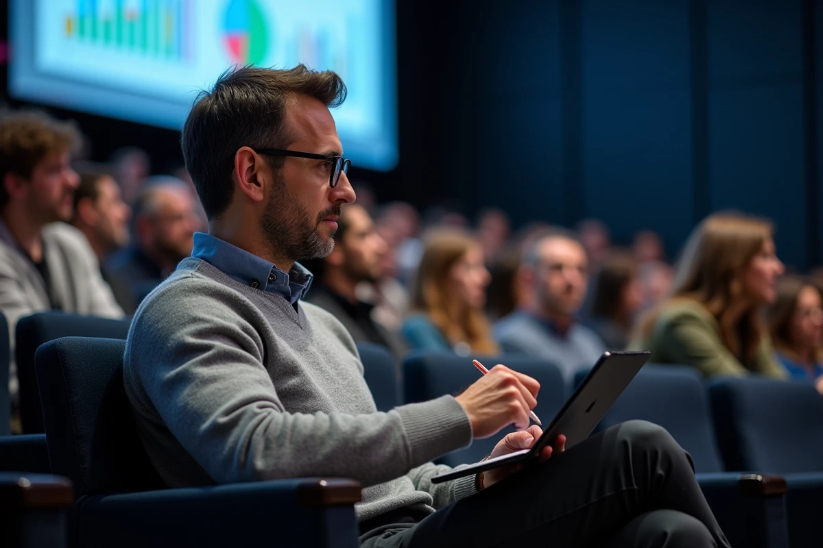 Participant concentré prenant des notes sur tablette lors d'une conférence marketing à Paris
