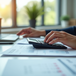 Personne travaillant sur un bureau moderne avec documents financiers