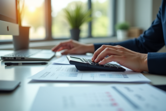 Personne travaillant sur un bureau moderne avec documents financiers