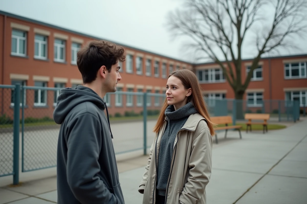 Deux pions de collège surveillant la cour de récréation lors d'une pause en automne