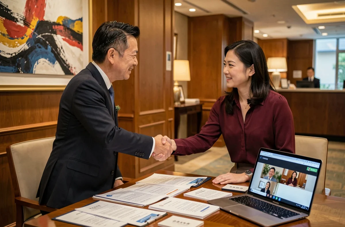 Un homme d'affaires japonais et une femme d'affaires chinoise concluant un accord commercial avec des documents bilingues sur la table