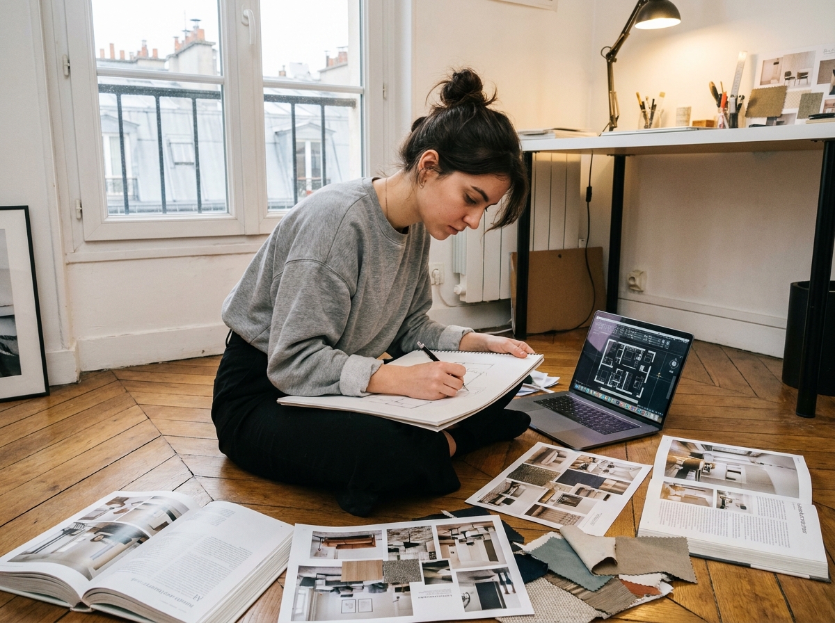 Étudiante préparant son dossier d'admission en architecture d'intérieur dans son appartement parisien