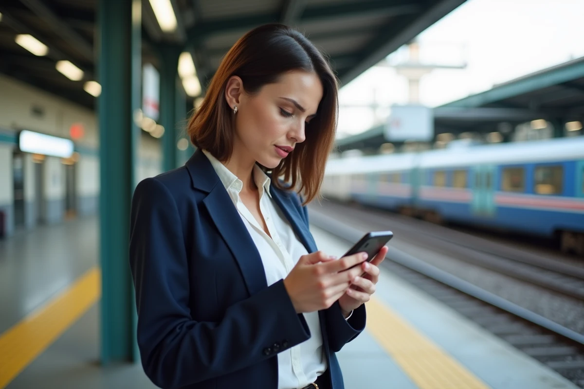 Femme en gare consultant son téléphone pour résoudre un problème d'accès au portail Melouvert sur la ligne Orléans Tours