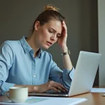 Femme frustrée face à une erreur de connexion à sa boîte mail académique sur un ordinateur portable