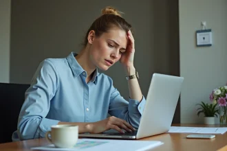 Femme frustrée face à une erreur de connexion à sa boîte mail académique sur un ordinateur portable