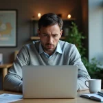 Homme frustré face à un problème de connexion sur le site Melouvert Orléans Tours depuis son ordinateur portable